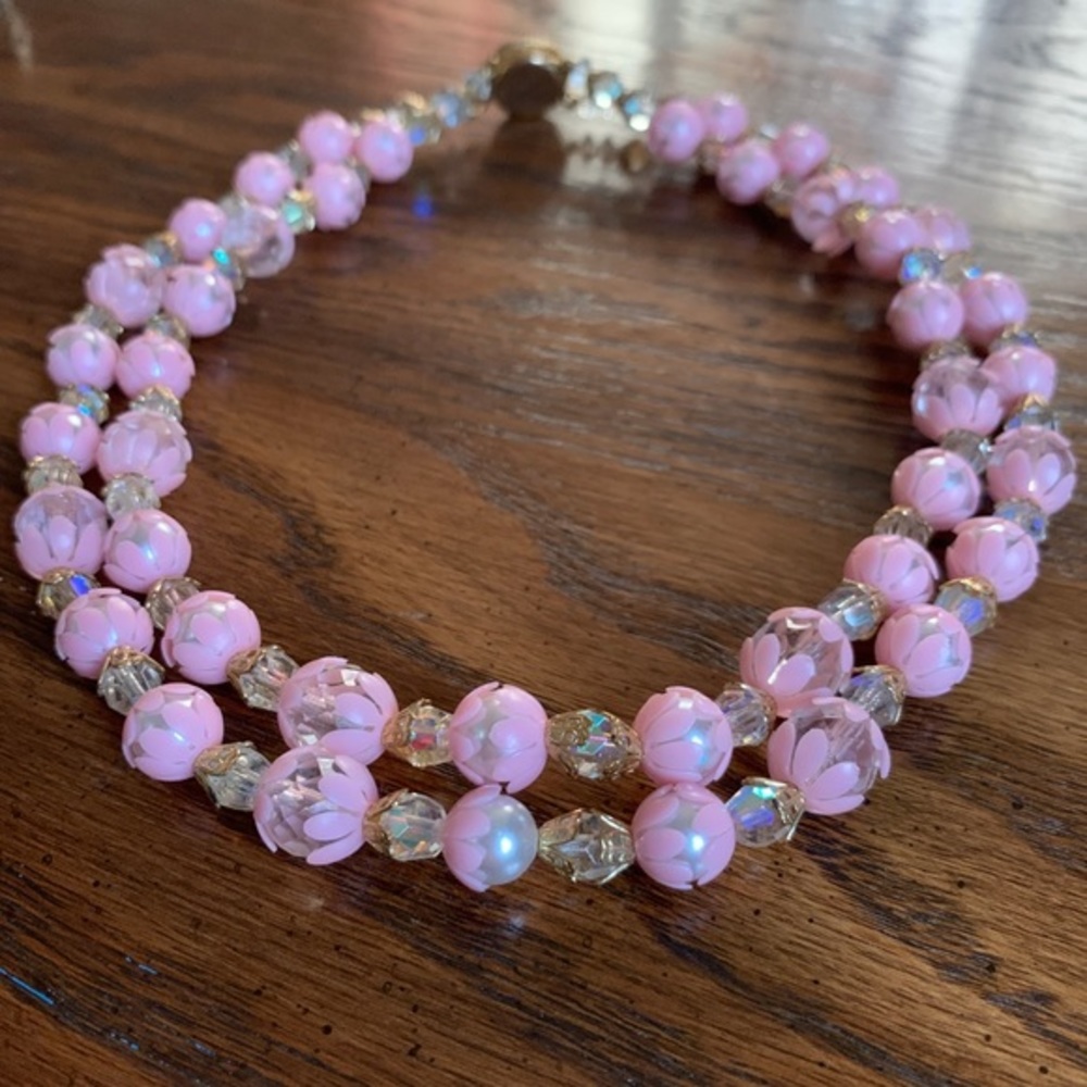 Pink Flower Bead Caps Crystal Faux Pearl Beaded‎ Necklace